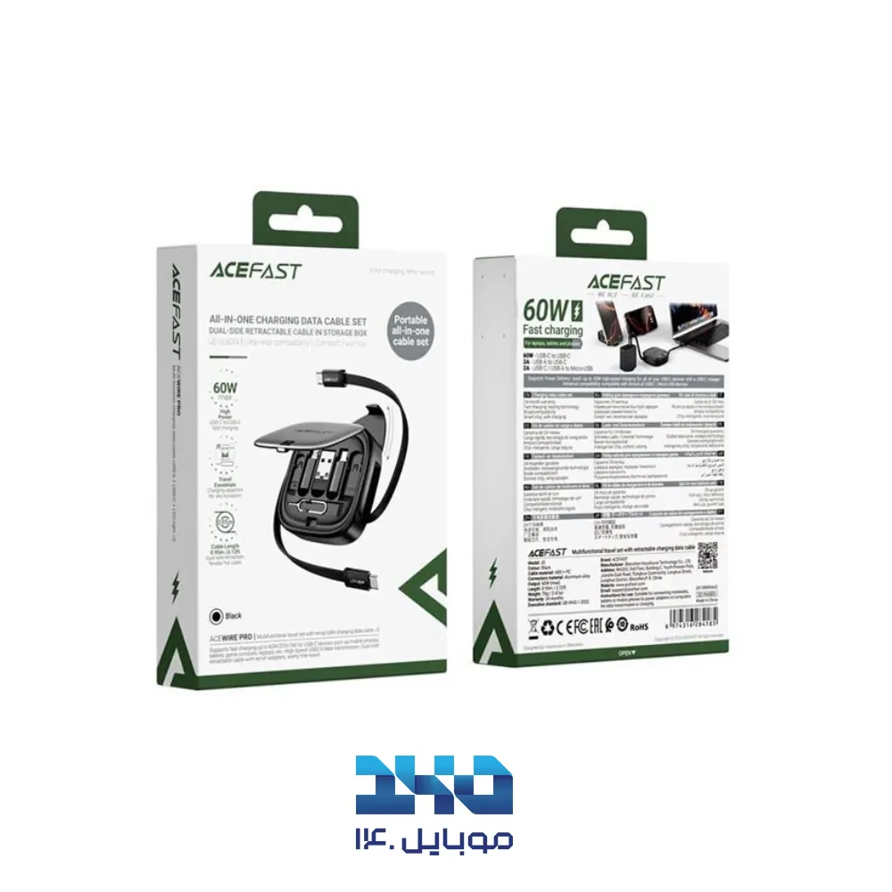 کابل چند منظوره ایس فست J3 Acewire Pro توان 60 وات با کابل جمعشونده